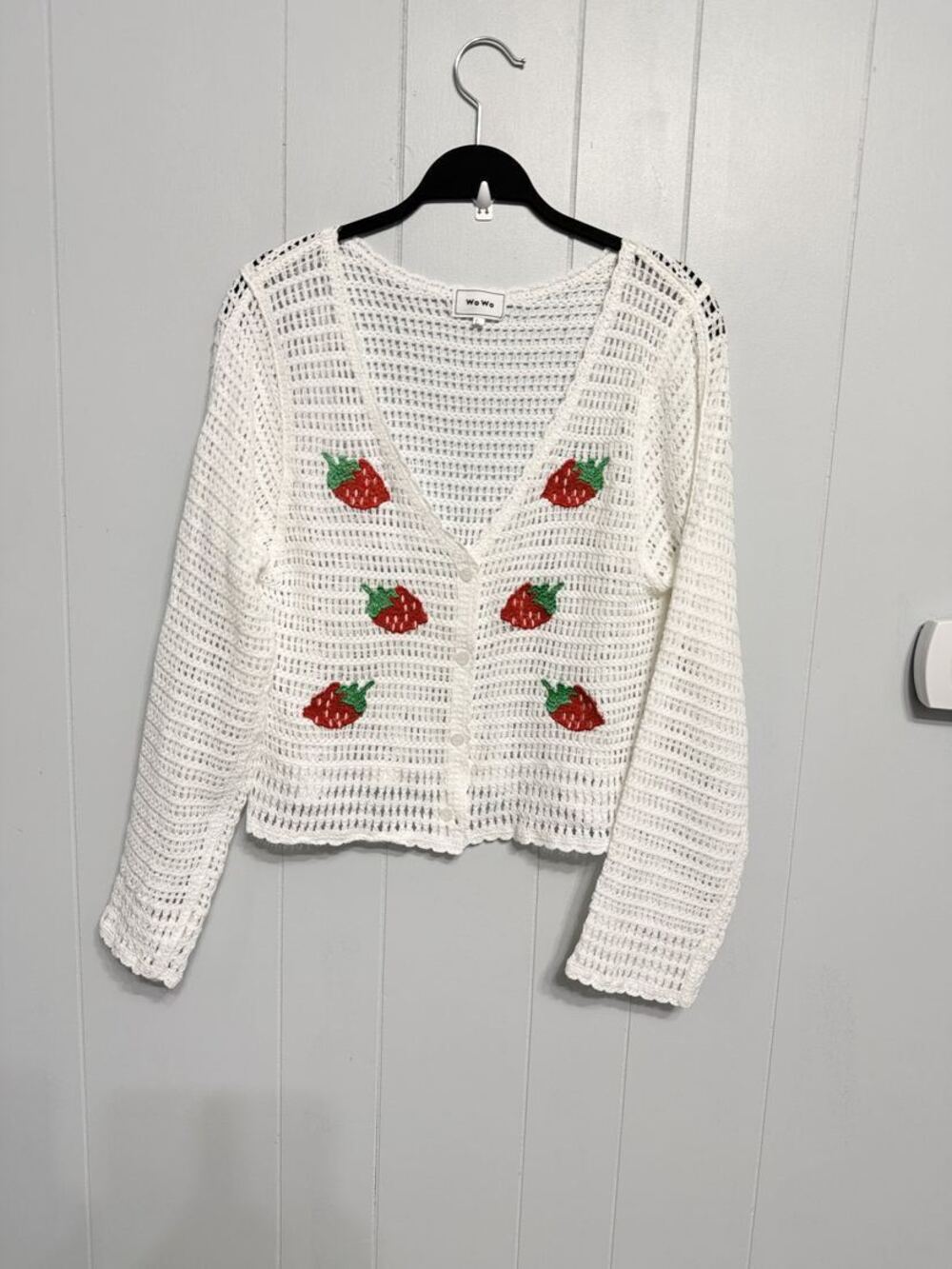 White Crochet Strawberry Open Front Cardigan Cottagecore L